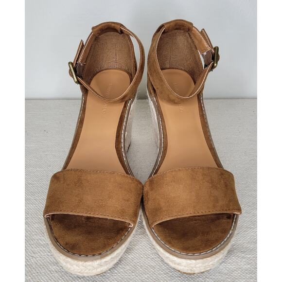 BANANA REPUBLIC Faux Suede Espadrille Wedge Open Toe Sandals sz 7 Cognac - Picture 2 of 11